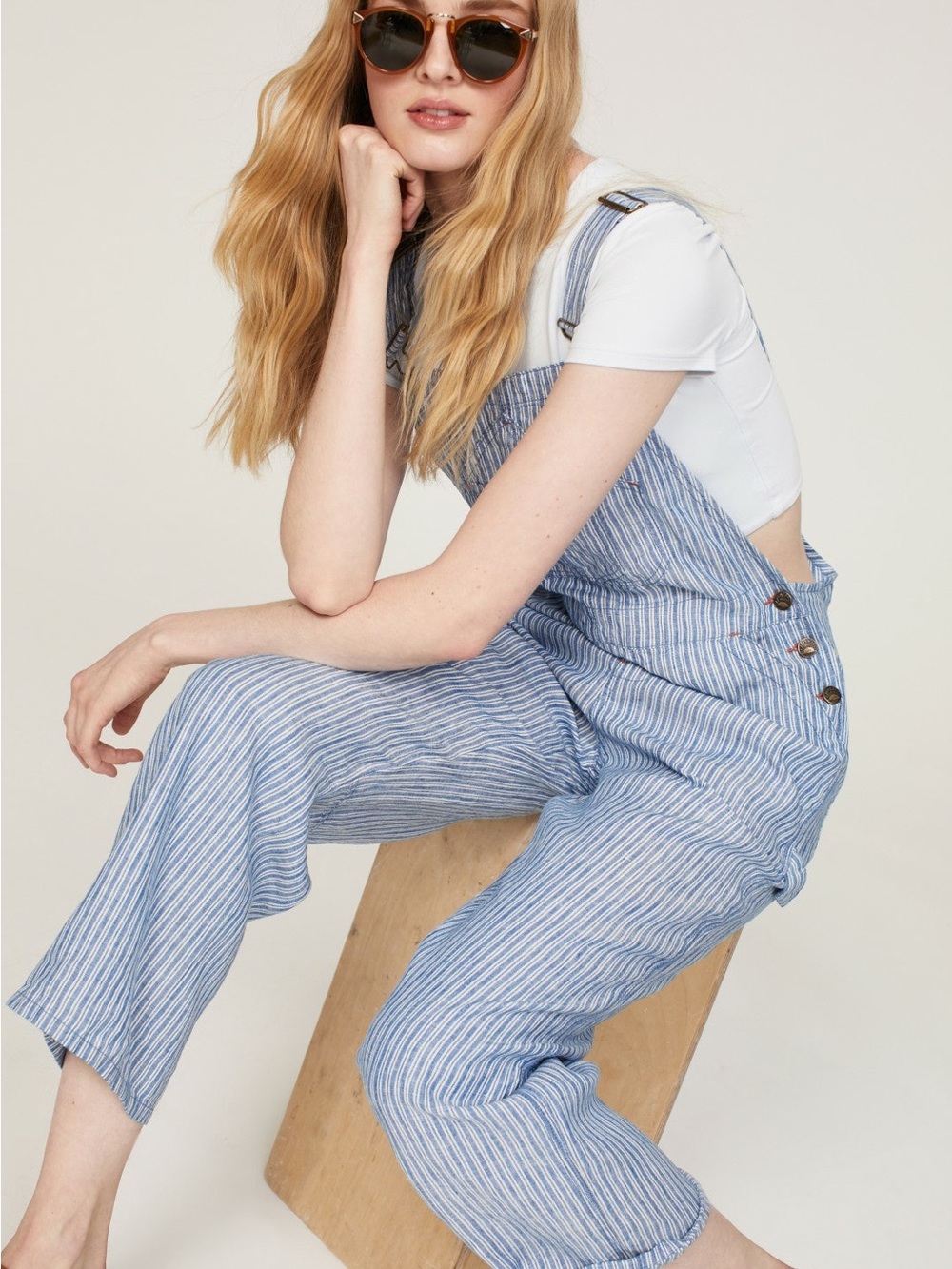 Faherty Light Blue Striped Women's Overalls 100% linen